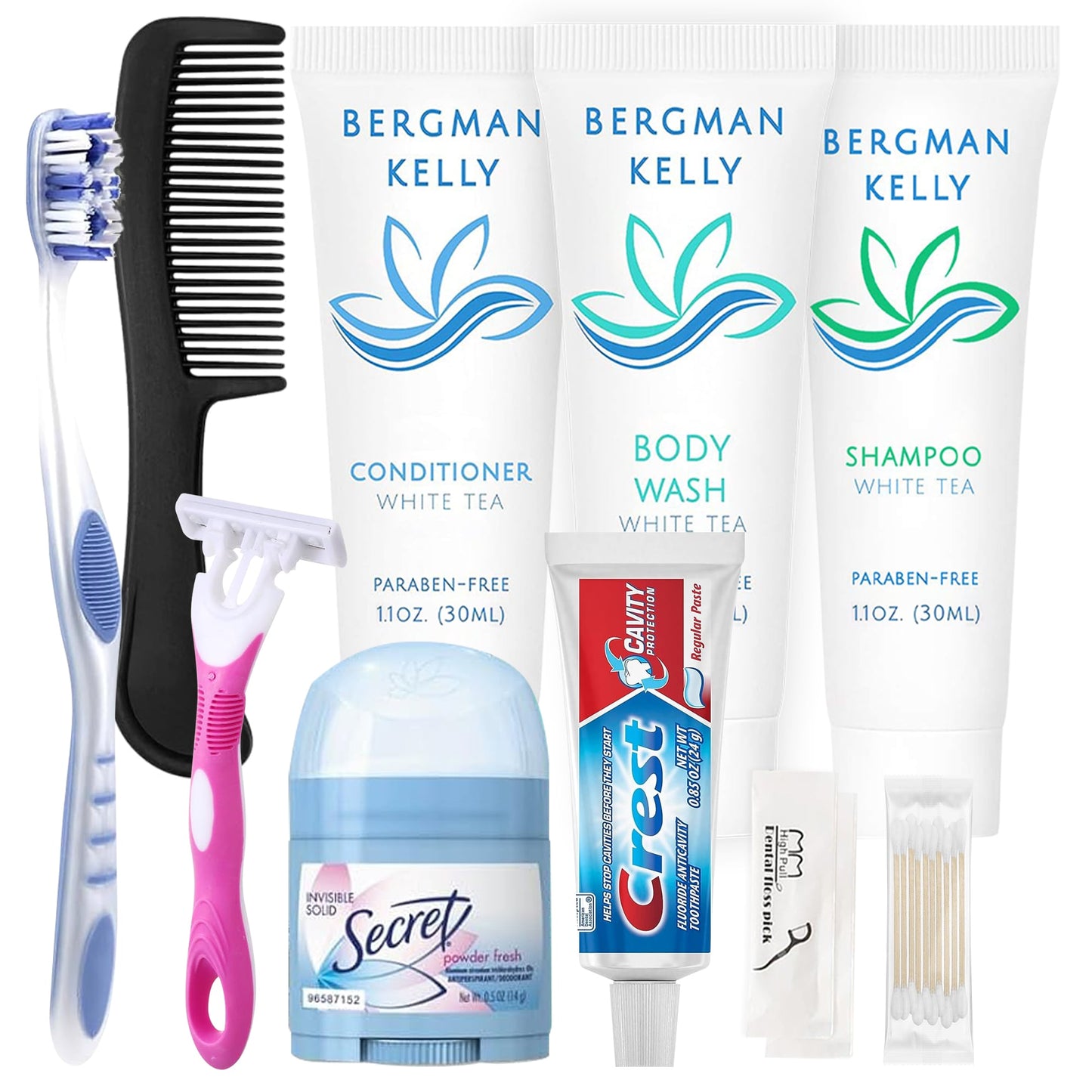 12 Piece Set Travel Toiletry Kit For Women – Features Crest, Secret, Bergman And Kelly And More