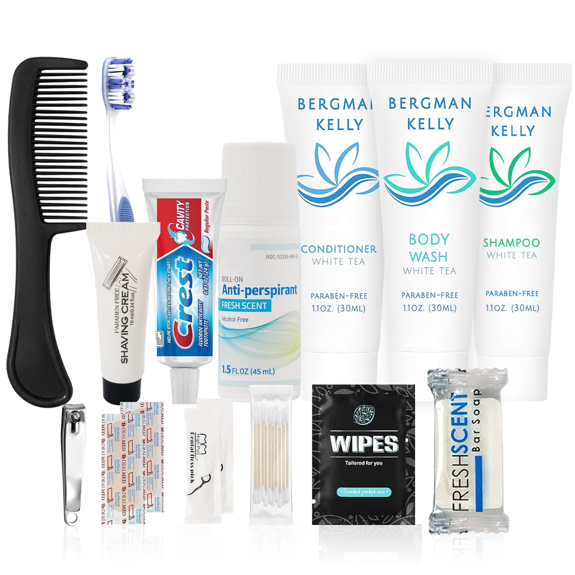 15 Piece Set Travel Toiletry Kit For Men And Women – Features Crest, Medline, Bergman And Kelly And More (Bulk Case)
