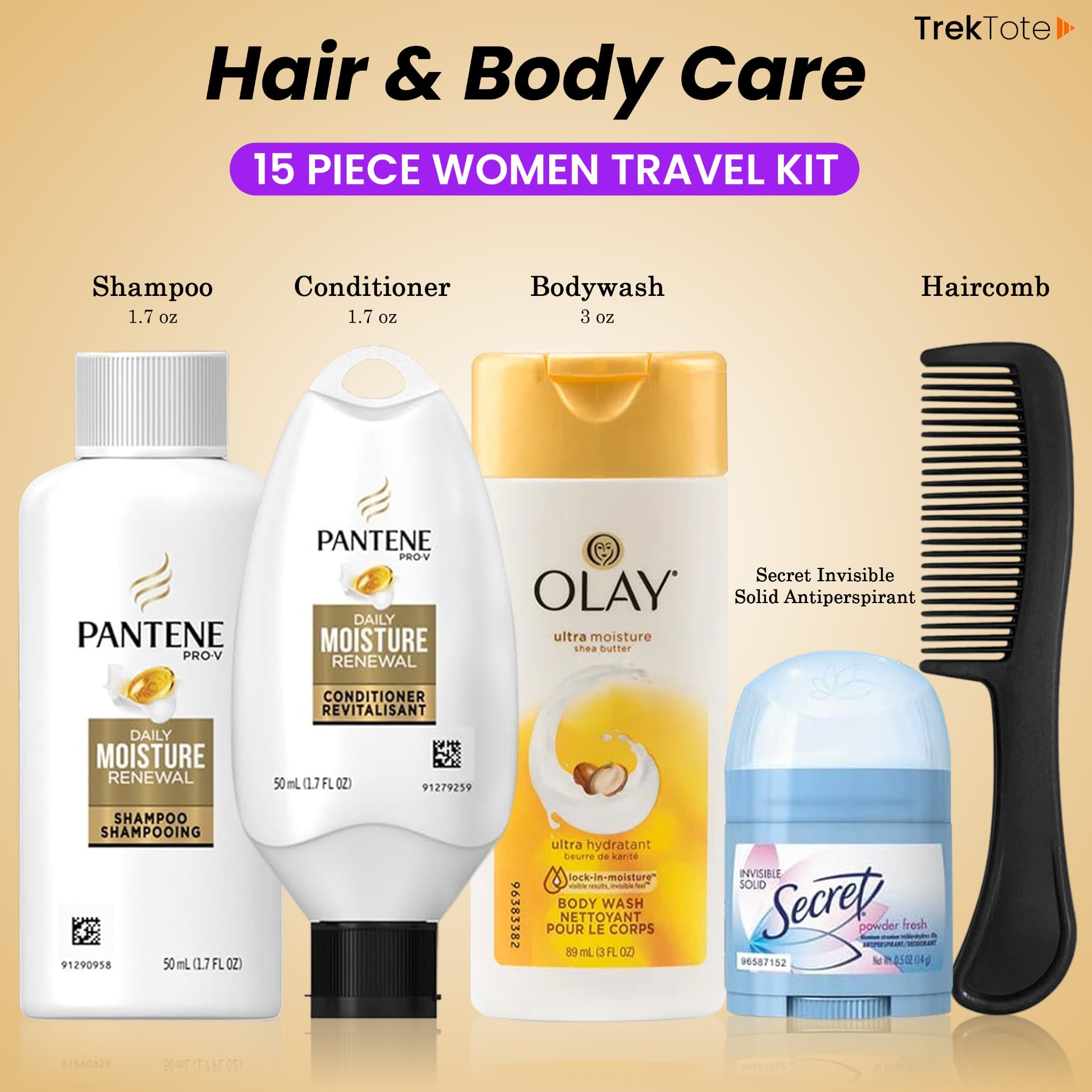 15 Piece Set Travel Toiletry Kit For Women – Features Pantene, Olay, Secret And More (Bulk Case)