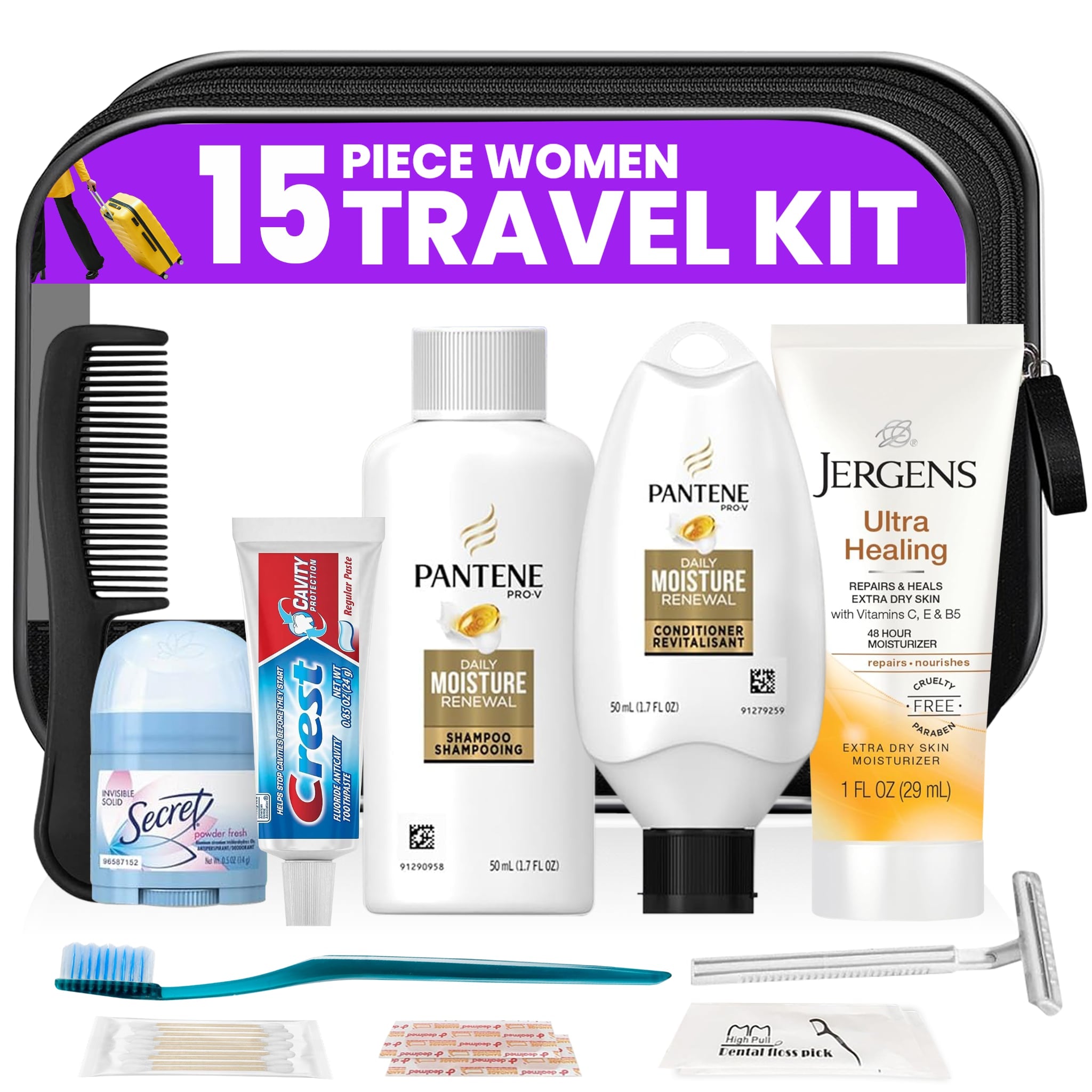 15 Piece Set Travel Toiletry Kit For Women – Features Pantene, Jergens, Secret And More
