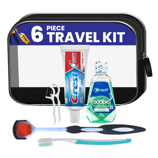 6 Piece Travel Size Oral Kit  Toothbrush and Toothpaste Set – Features Crest Toothpaste And Mouthwash And More