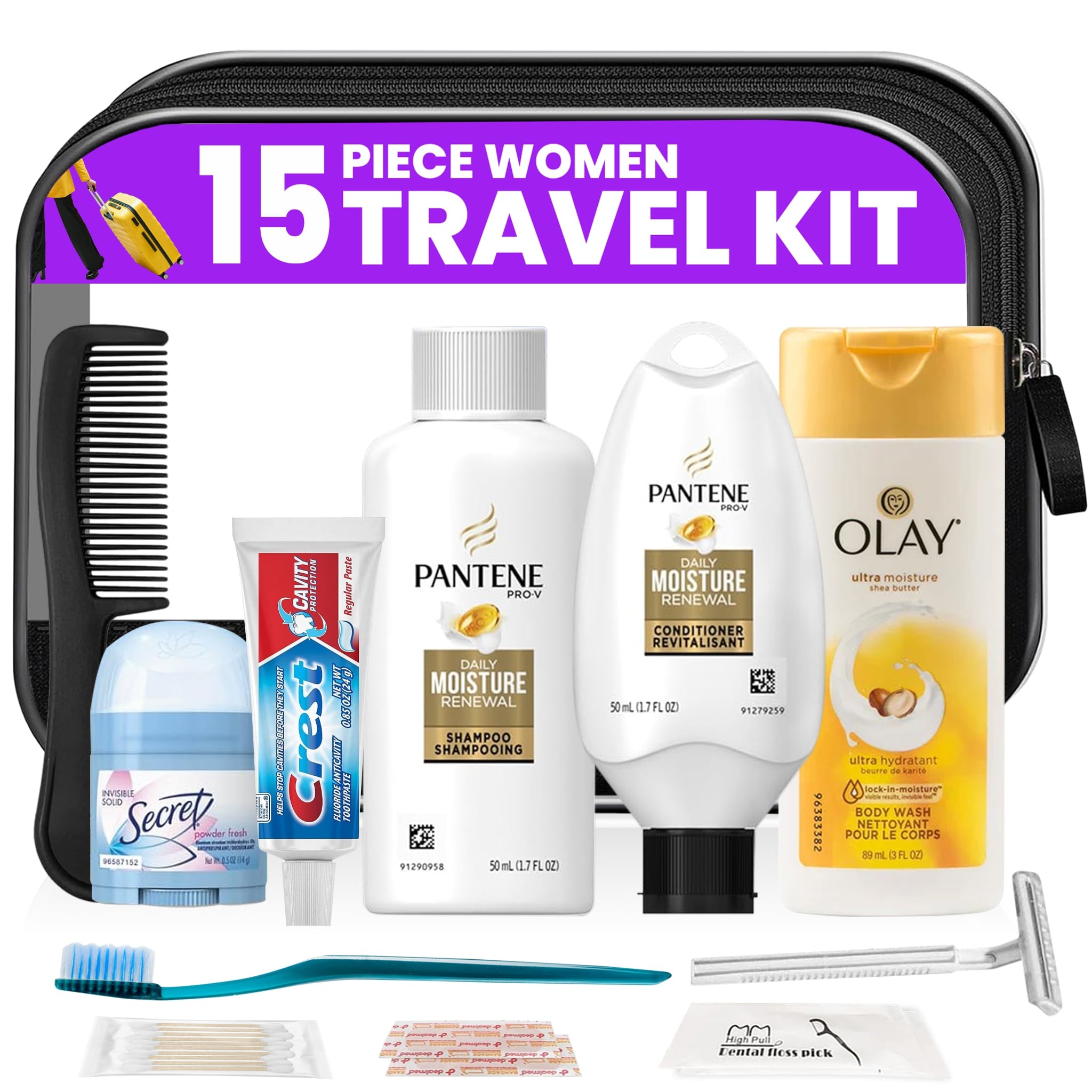 15 Piece Set Travel Toiletry Kit For Women – Features Pantene, Olay, Secret And More (Bulk Case)