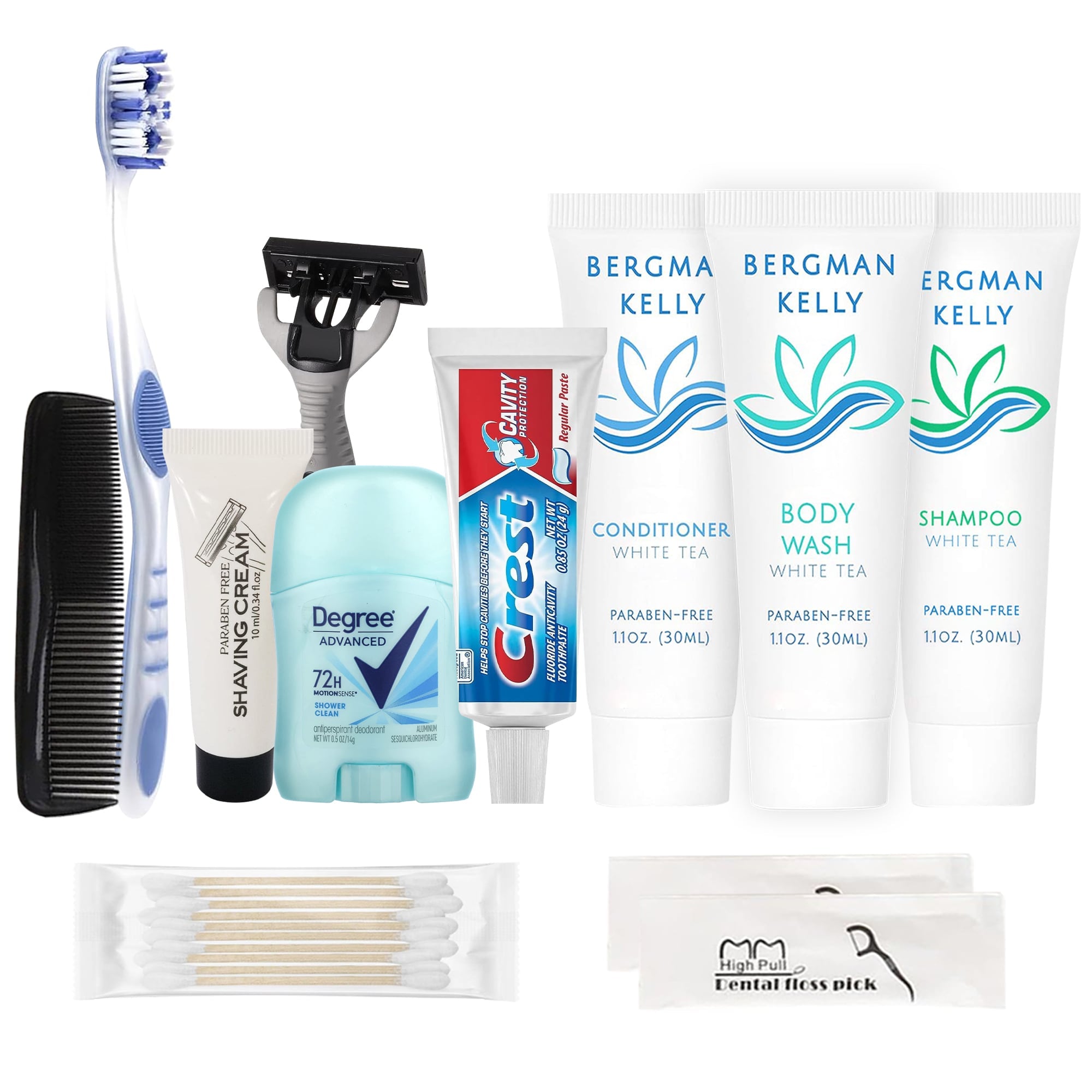 12 Piece Set Travel Toiletry Kit For Men – Features Crest, Degree, Bergman And Kelly And More (Bulk Case)