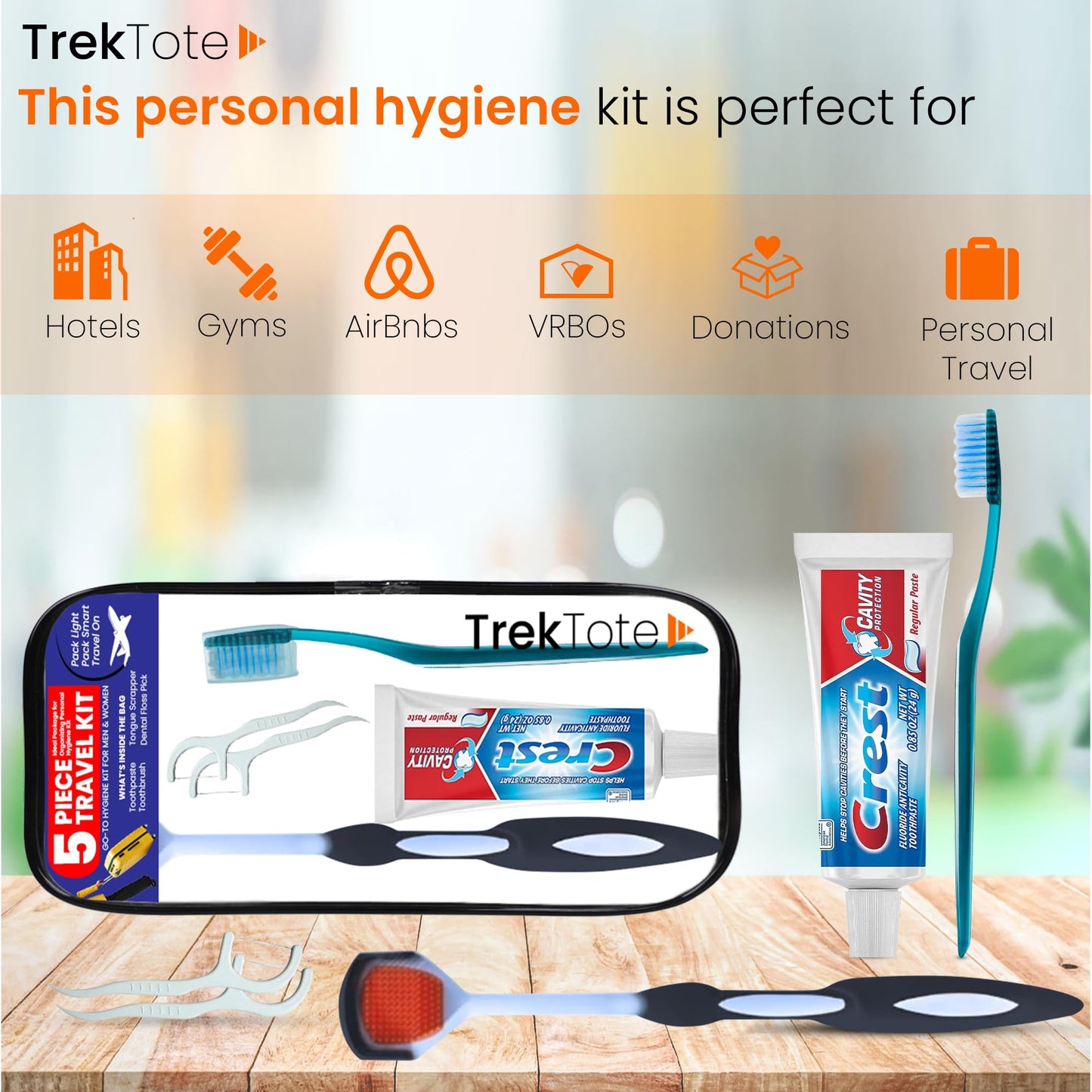 Trektote 5-Piece Travel Size Toothbrush and Toothpaste Set - TSA Approved Toothbrush Travel Kit - Includes Crest Toothpaste - Tongue Cleaner - Dental Oral Care Kit