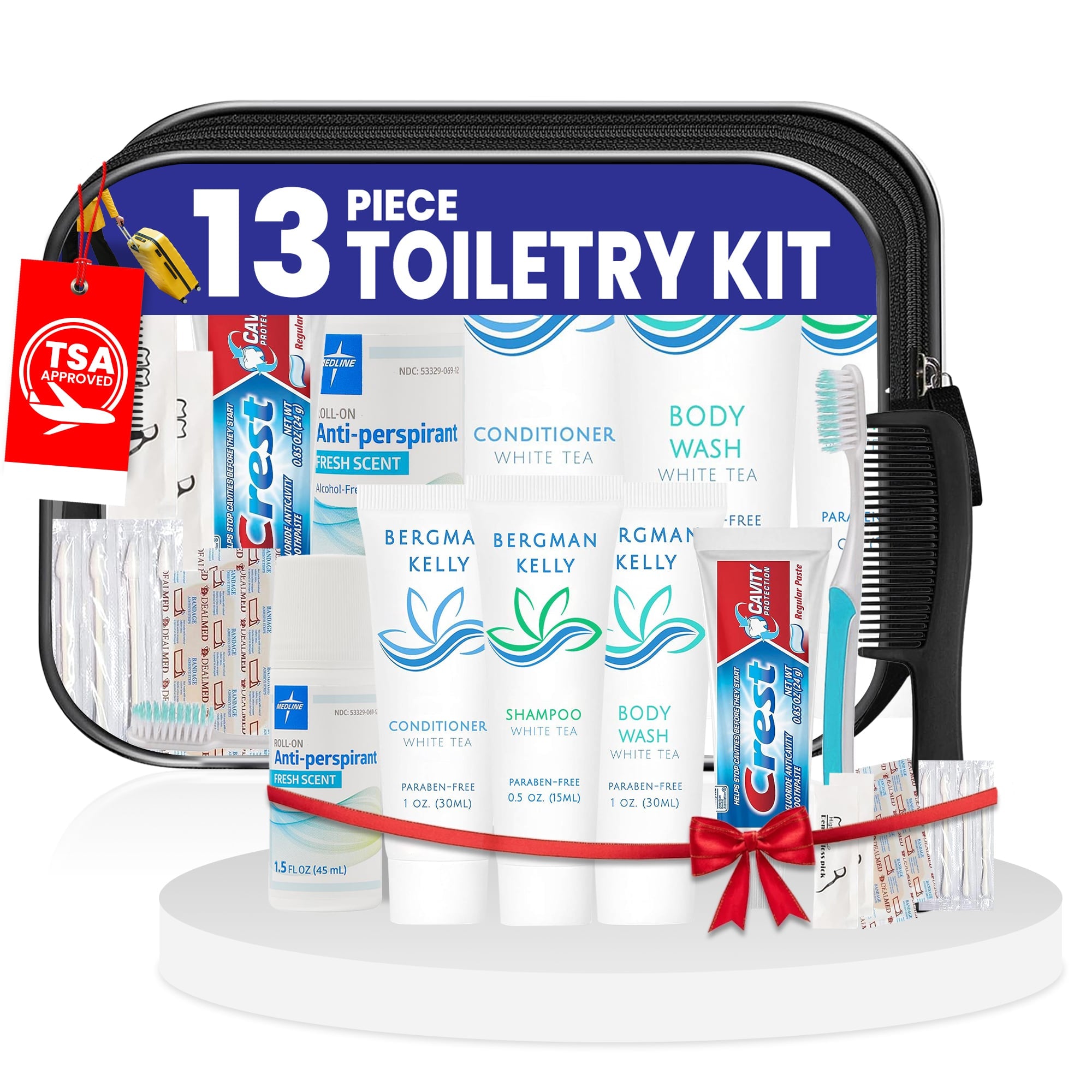13 Piece Set Travel Toiletry Kit For Men And Women – Features Crest, Medline, Bergman And Kelly And More (Bulk Case)
