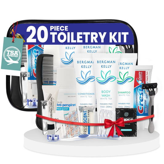 20 Piece Set Travel Toiletry Kit For Men And Women – Features Crest, Medline, Bergman And Kelly, Freshscent And More
