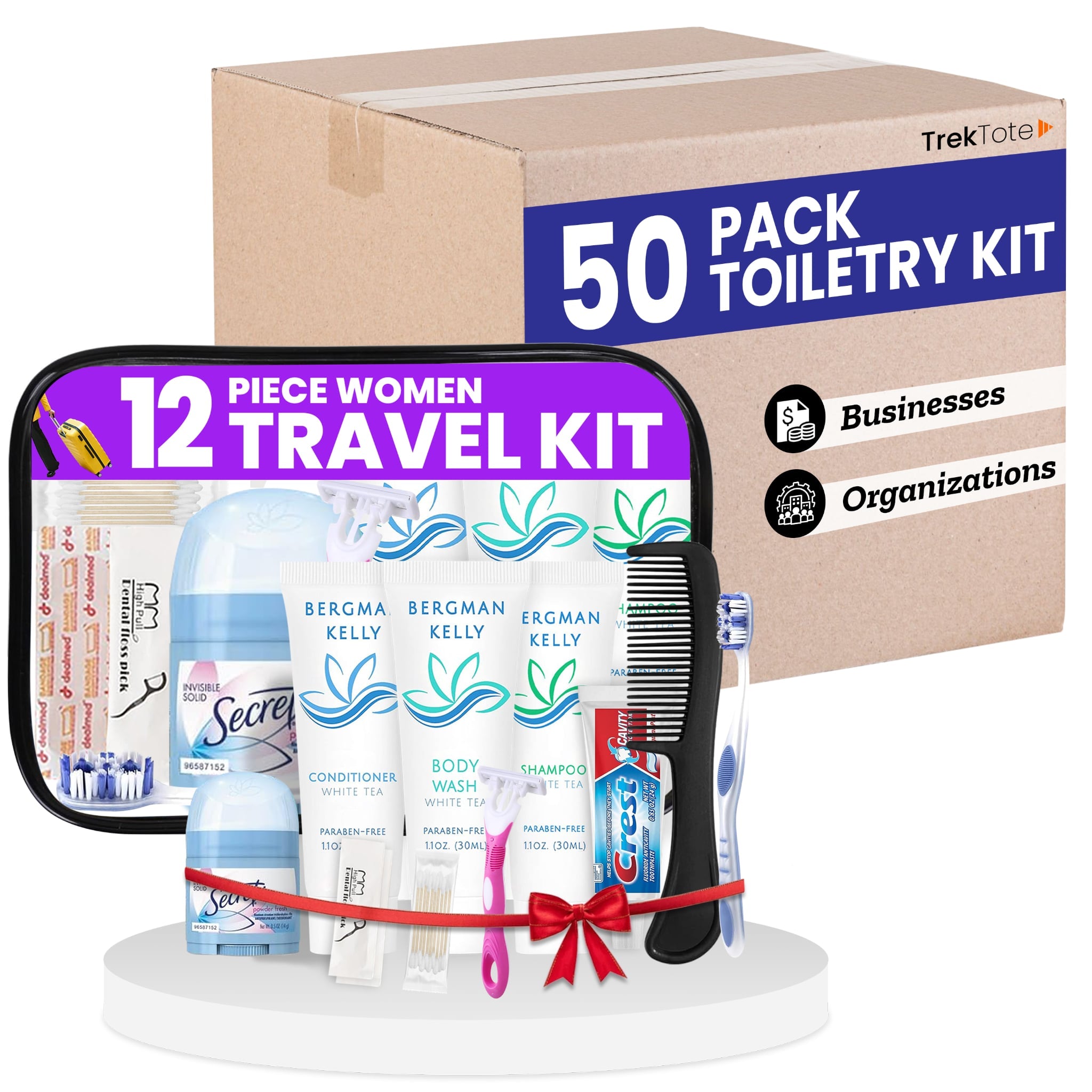 12 Piece Set Travel Toiletry Kit For Women – Features Crest, Secret, Bergman And Kelly And More (Bulk Case)