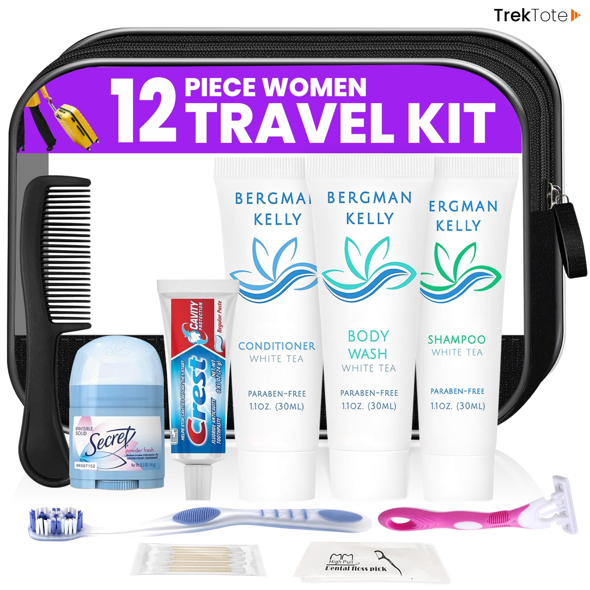 12 Piece Set Travel Toiletry Kit For Women – Features Crest, Secret, Bergman And Kelly And More (Bulk Case)
