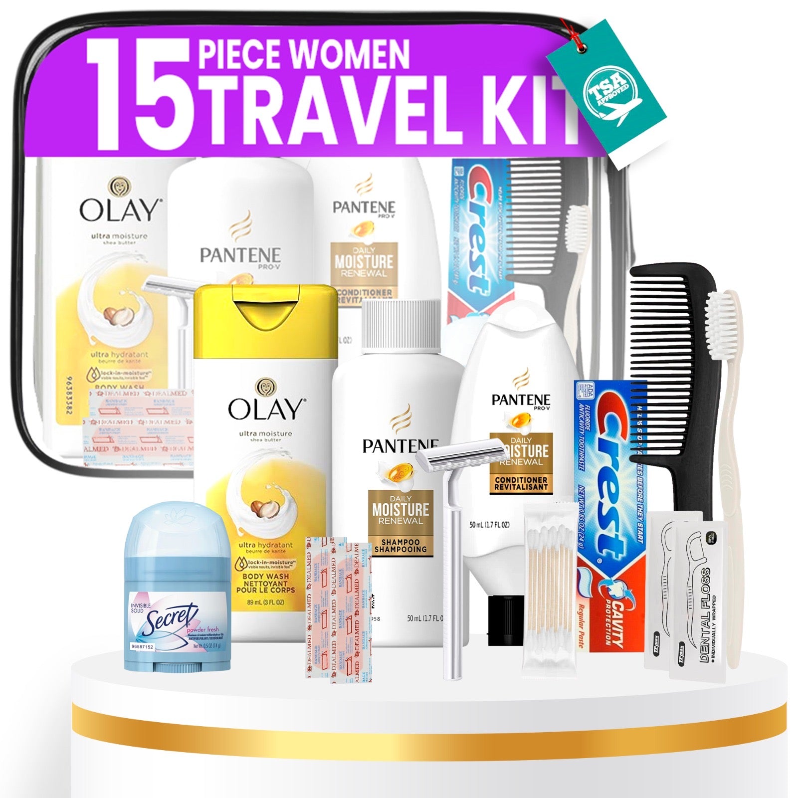 15 Piece Set Travel Toiletry Kit For Women – Features Pantene, Olay, Secret And More (Bulk Case)