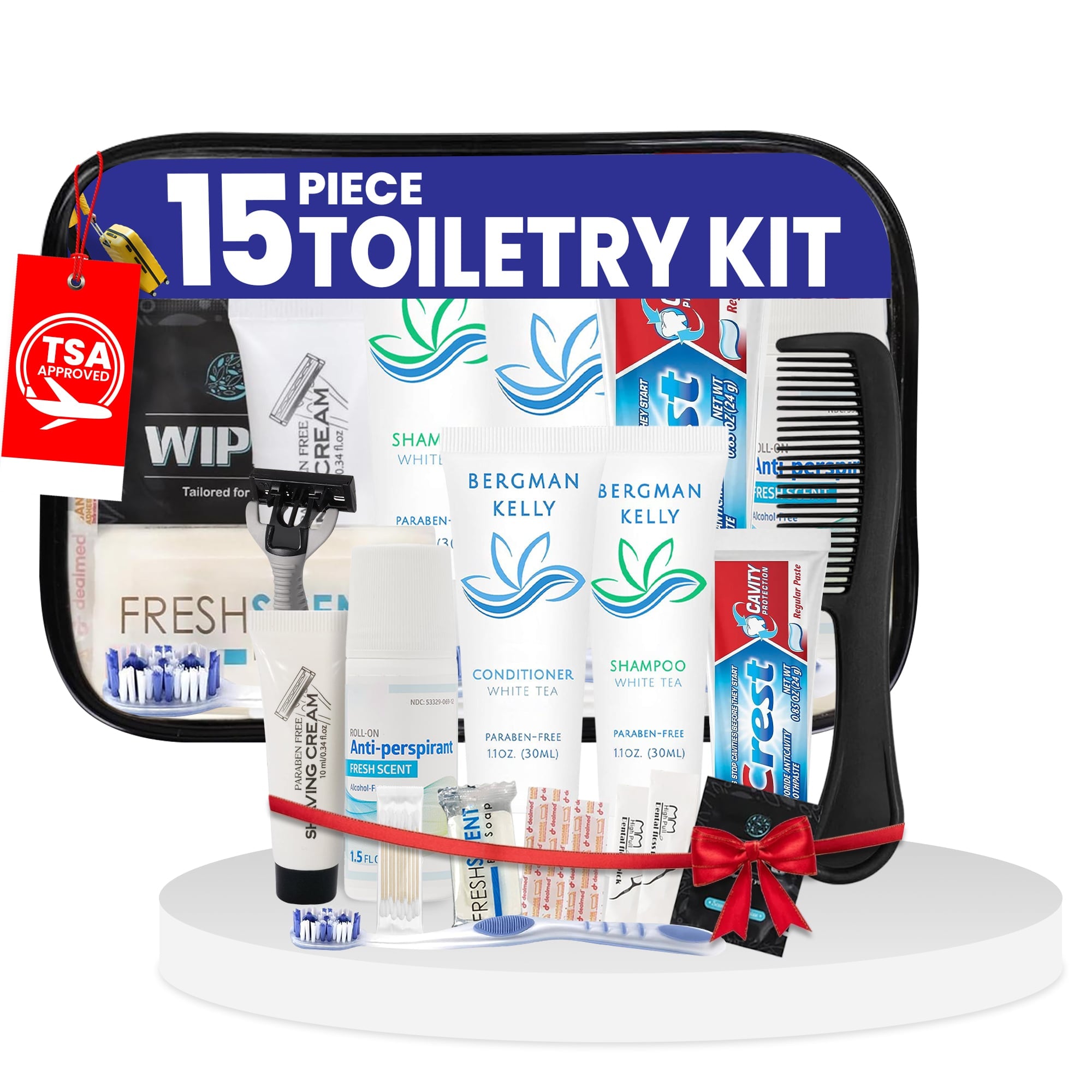 15 Piece Set Travel Toiletry Kit For Men And Women – Features Crest, Medline, Bergman And Kelly And More (Bulk Case)