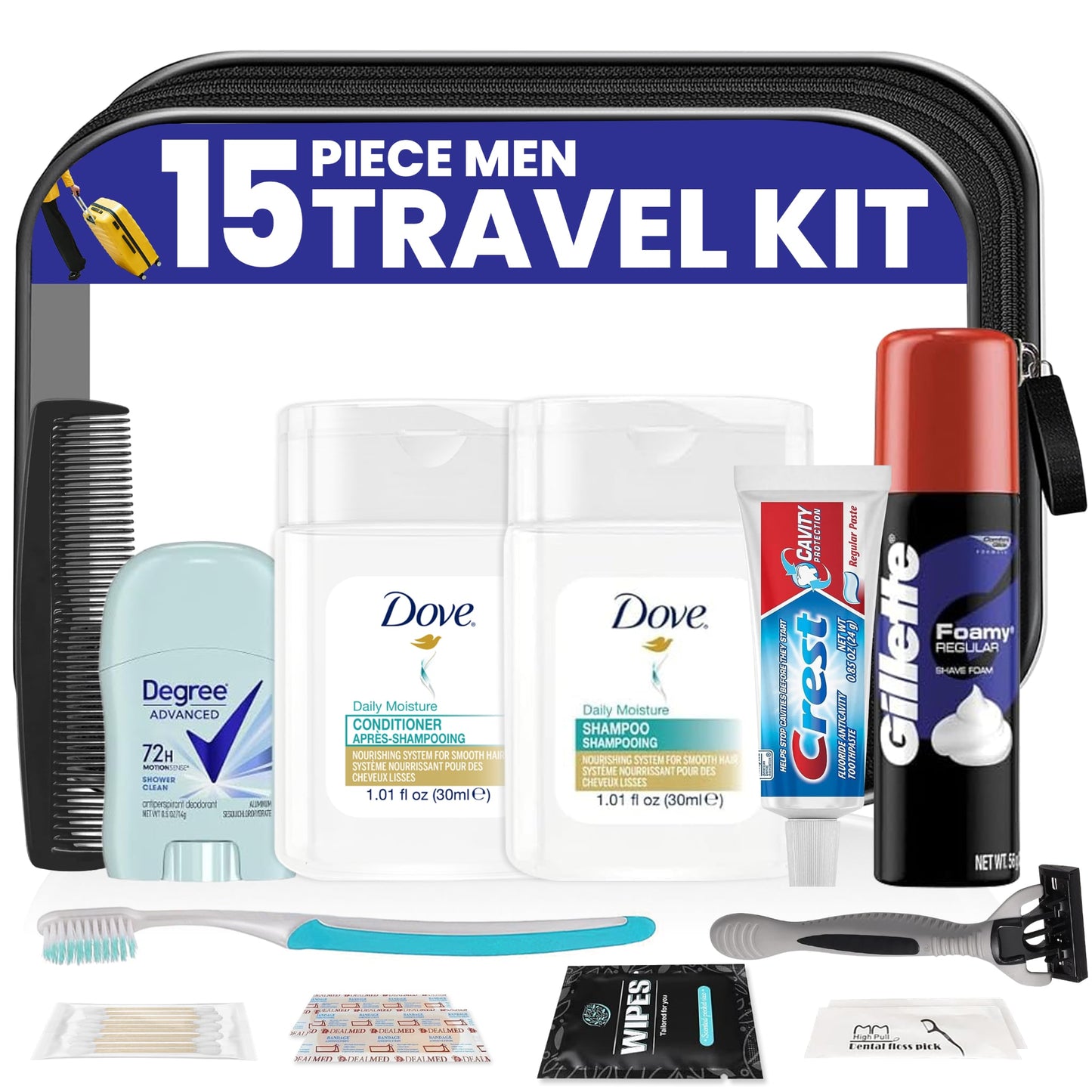15 Piece Set Travel Toiletry Kit For Men – Features Dove, Gillette, Degree And More (Bulk Case)