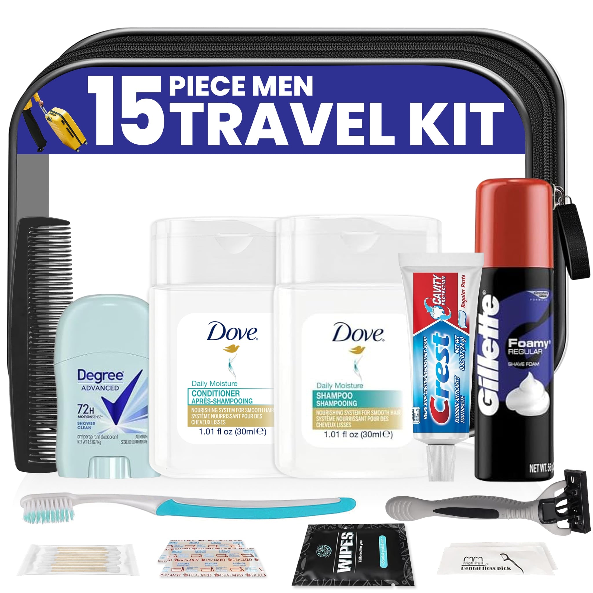15 Piece Set Travel Toiletry Kit For Men – Features Dove, Gillette, Degree And More (Bulk Case)
