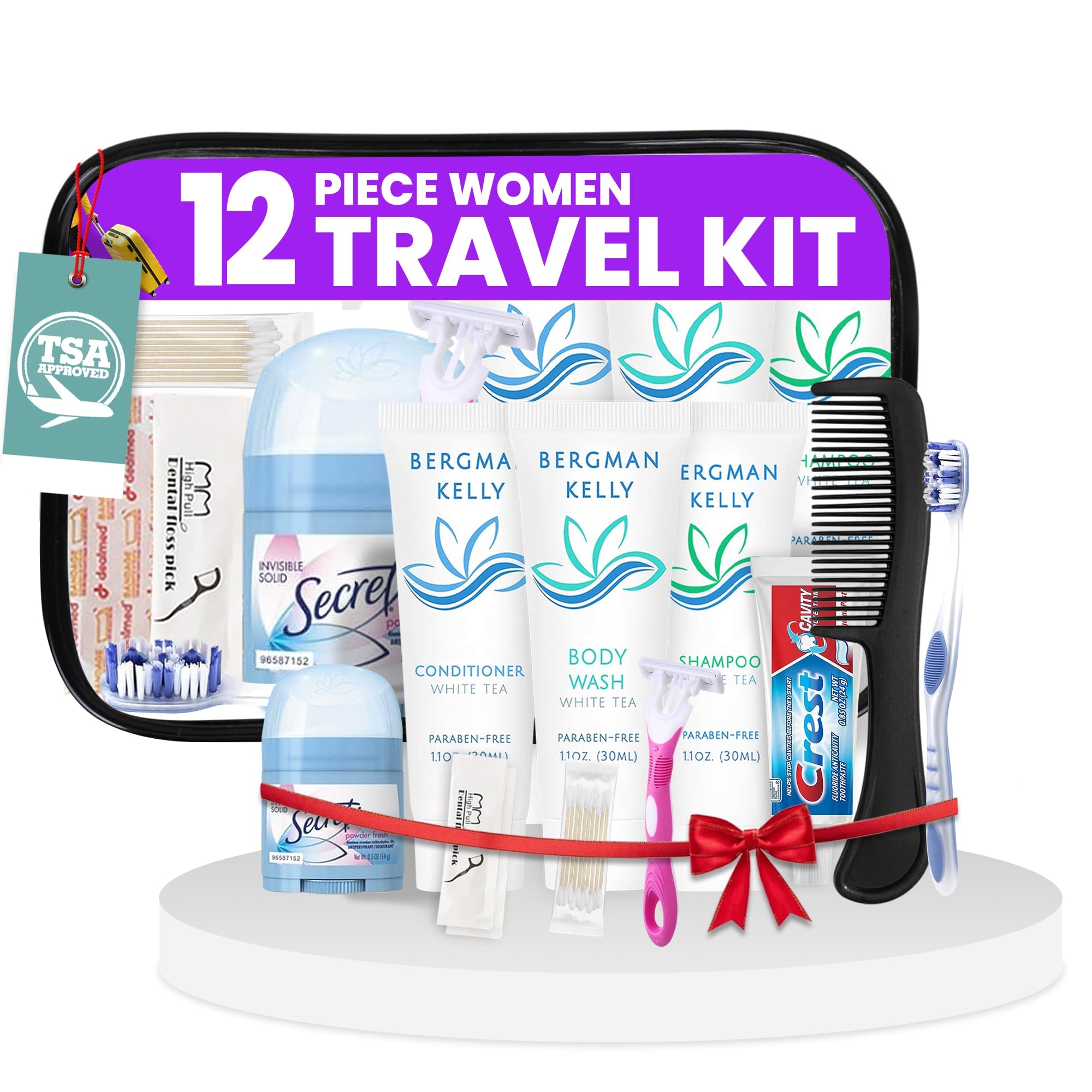 12 Piece Set Travel Toiletry Kit For Women – Features Crest, Secret, Bergman And Kelly And More (Bulk Case)