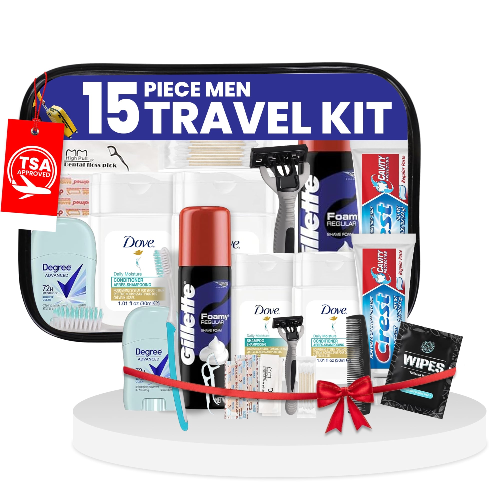 15 Piece Set Travel Toiletry Kit For Men – Features Dove, Gillette, Degree And More (Bulk Case)