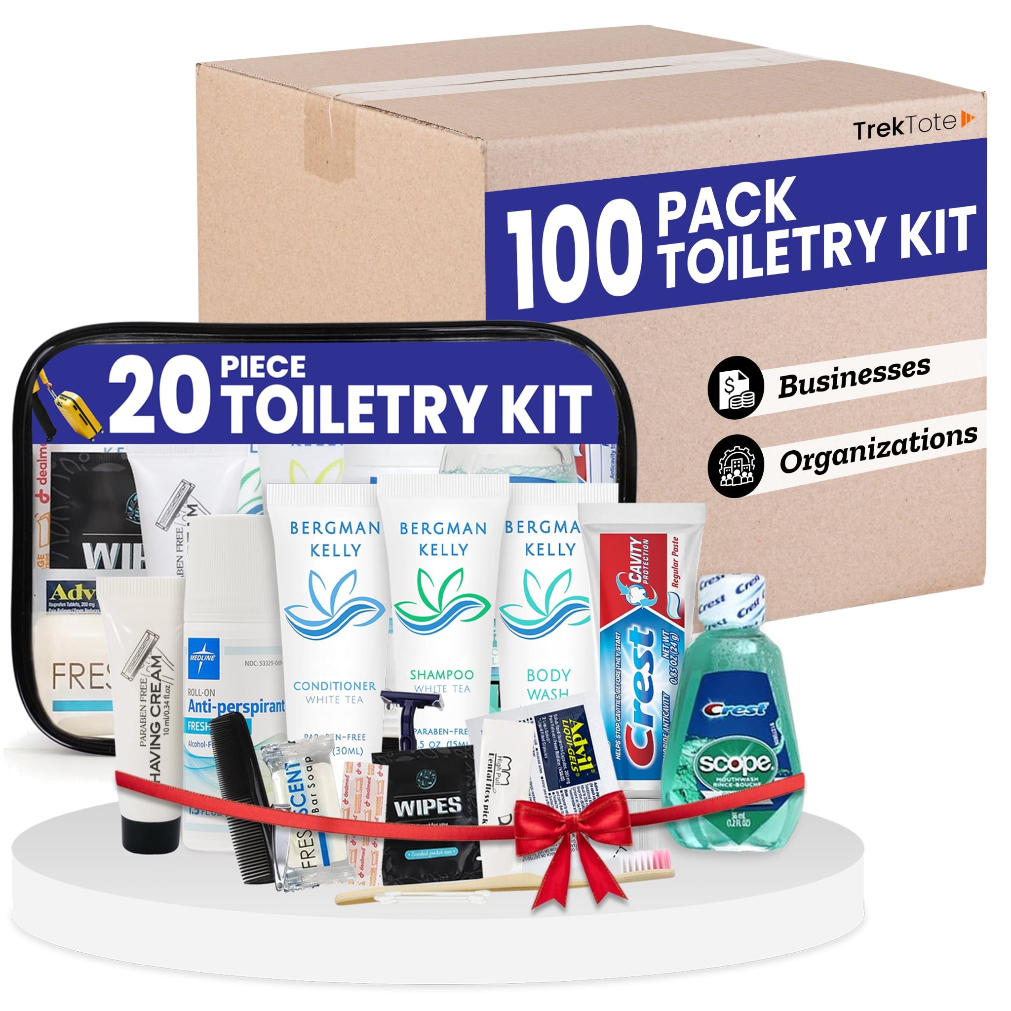 20 Piece Set Travel Toiletry Kit For Men And Women – Features Crest, Medline, Bergman And Kelly, Freshscent And More (Bulk Case)