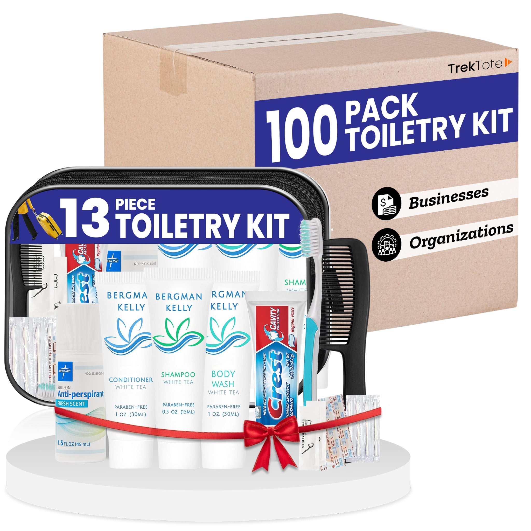 13 Piece Set Travel Toiletry Kit For Men And Women – Features Crest, Medline, Bergman And Kelly And More (Bulk Case)