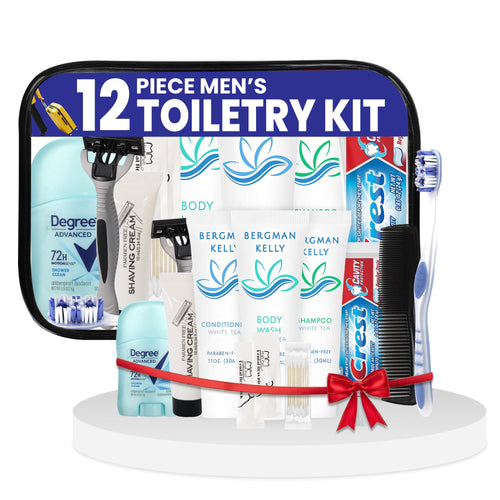 12 Piece Set Travel Toiletry Kit For Men – Features Crest, Degree, Bergman And Kelly And More