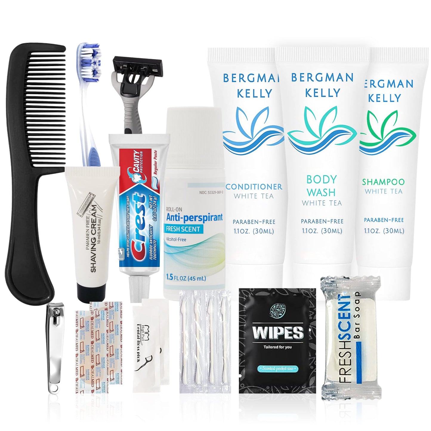 20 Piece Set Travel Toiletry Kit For Men And Women – Features Crest, Medline, Bergman And Kelly, Freshscent And More (Bulk Case)
