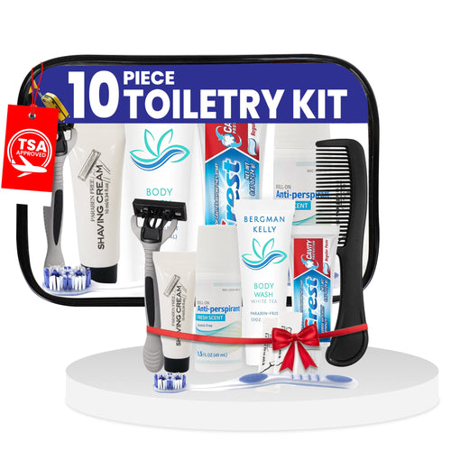 10 Piece Set Travel Toiletry Kit For Men And Women – Features Crest, Medline, Bergman And Kelly And More